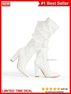 Patent Leather Knee High Boots Chunky Heel Pointed Toe Pull On